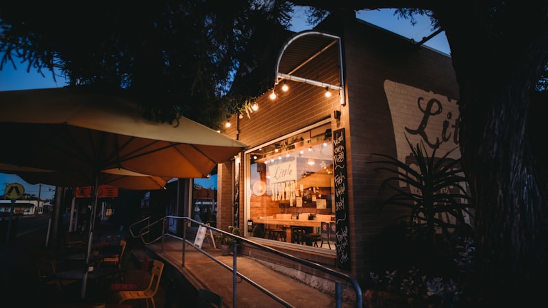 Restaurant exterior at dusk representing Google Maps visibility
