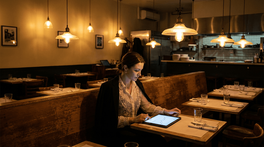 Restaurant owner reviewing growth strategy on tablet