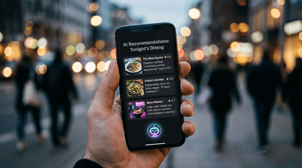 AI assistant on phone recommending restaurants with descriptions and ratings